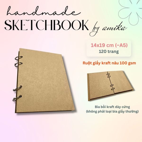  Sổ còng Handmade Sketchbook - ruột giấy kraft - Bìa bồi trơn 