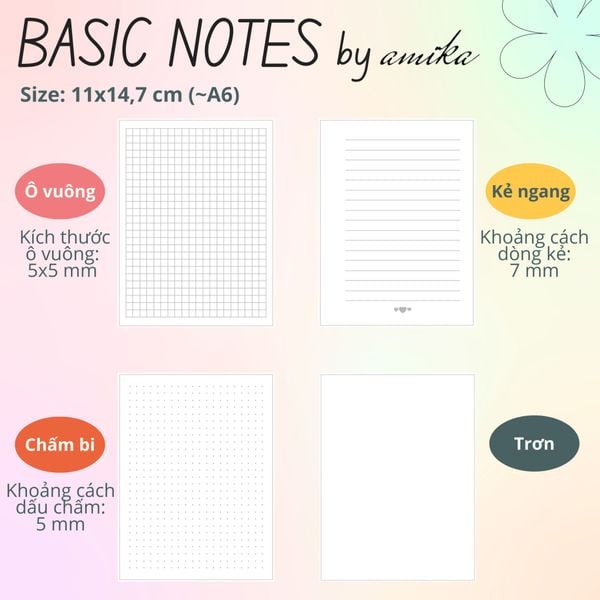  60 tờ giấy note 104 gsm (có thể refill Sổ Còng) 11x14,7 cm (xấp xỉ A6) 