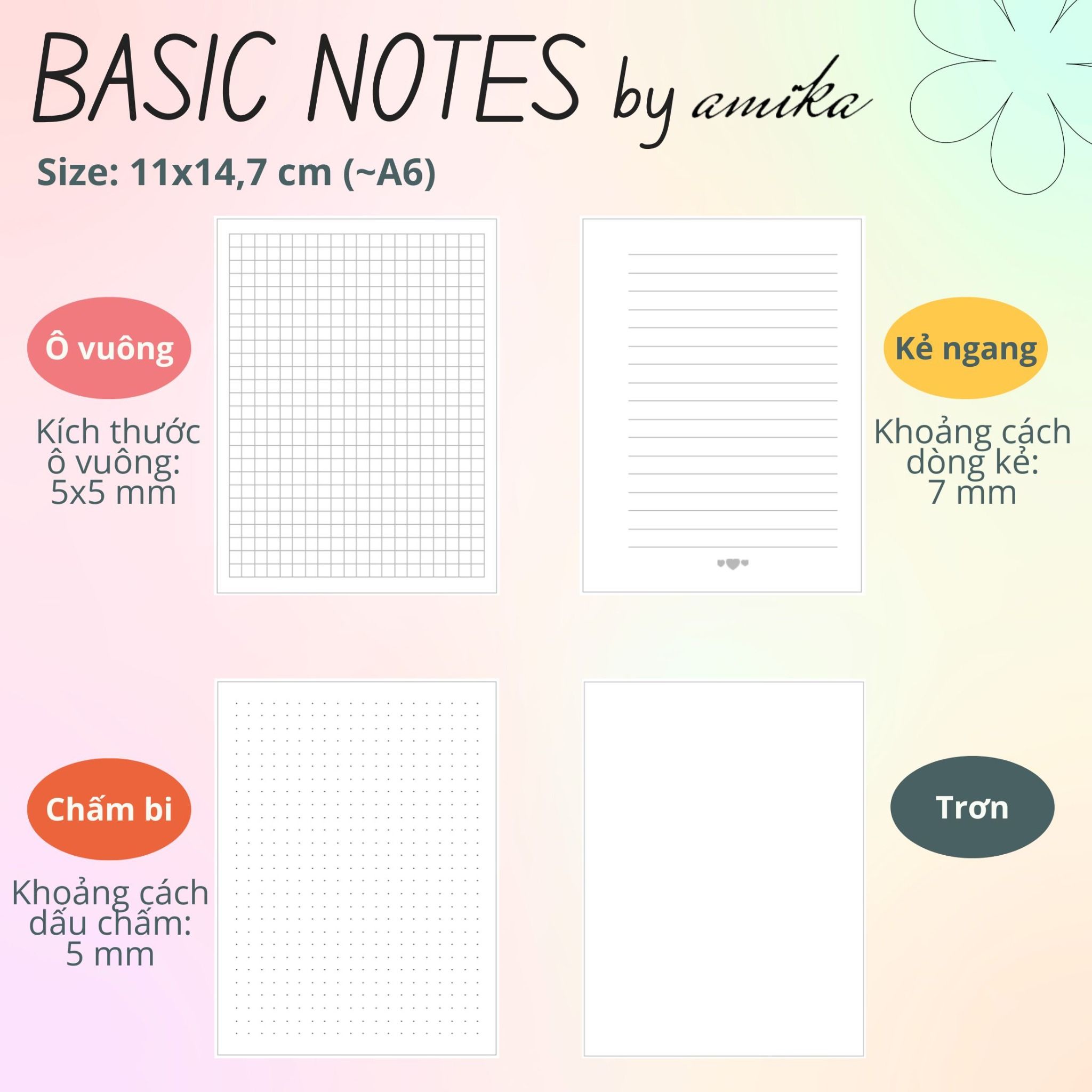  60 tờ giấy note 104 gsm (có thể refill Sổ Còng) 11x14,7 cm (xấp xỉ A6) 