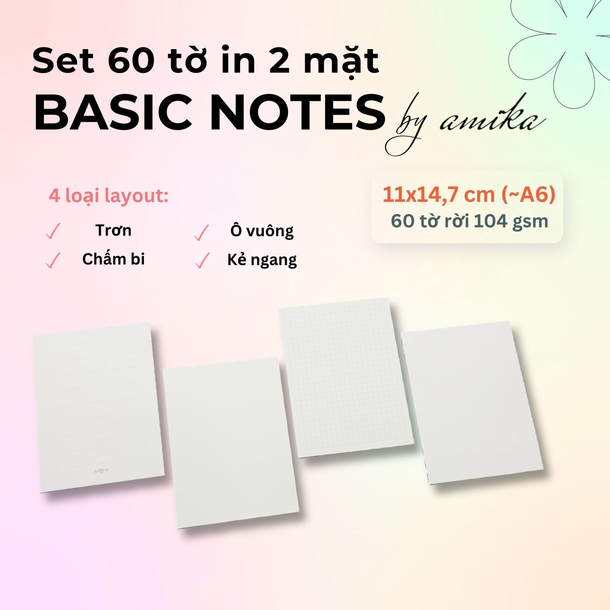  60 tờ giấy note 104 gsm (có thể refill Sổ Còng) 11x14,7 cm (xấp xỉ A6) 