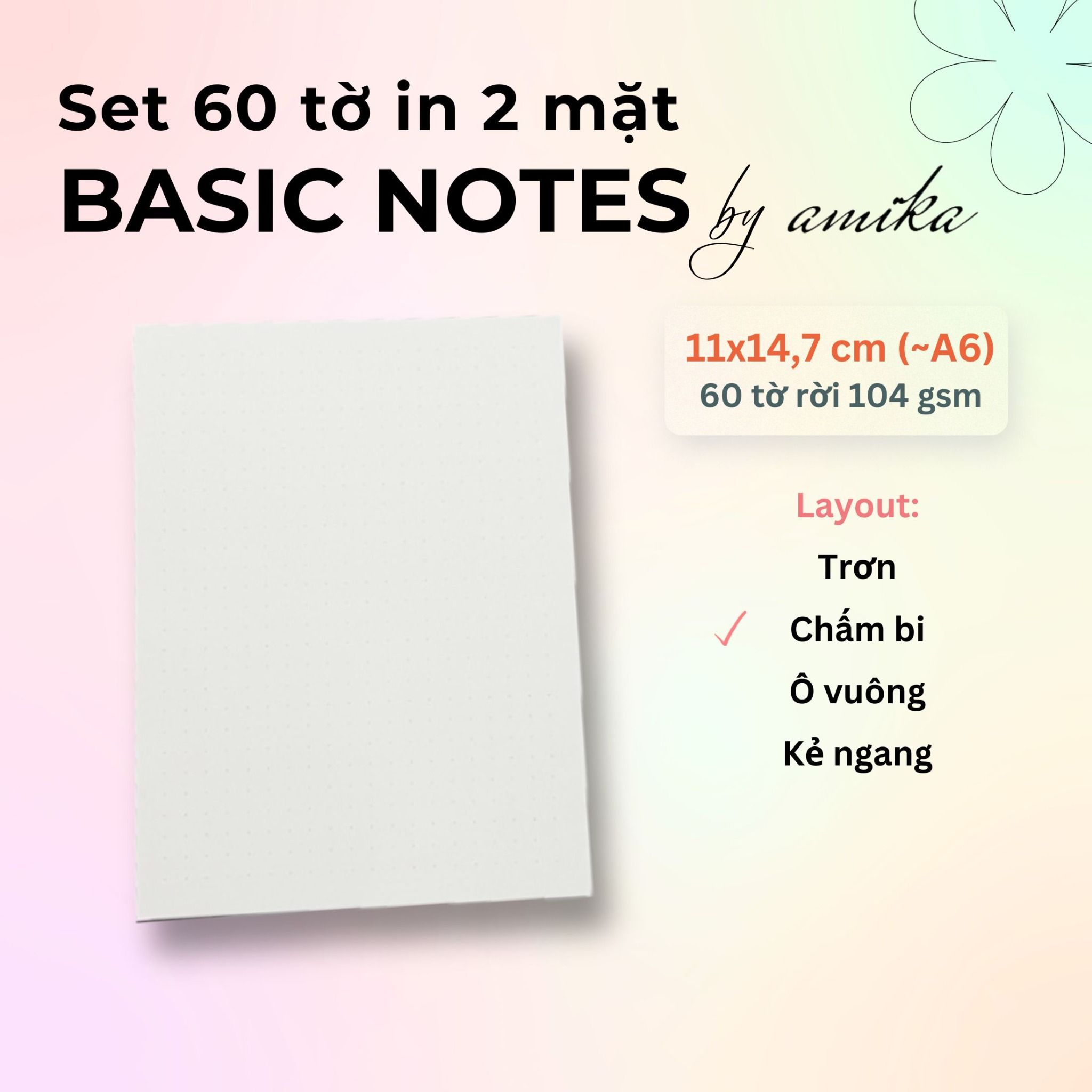 60 tờ giấy note 104 gsm (có thể refill Sổ Còng) 11x14,7 cm (xấp xỉ A6) 