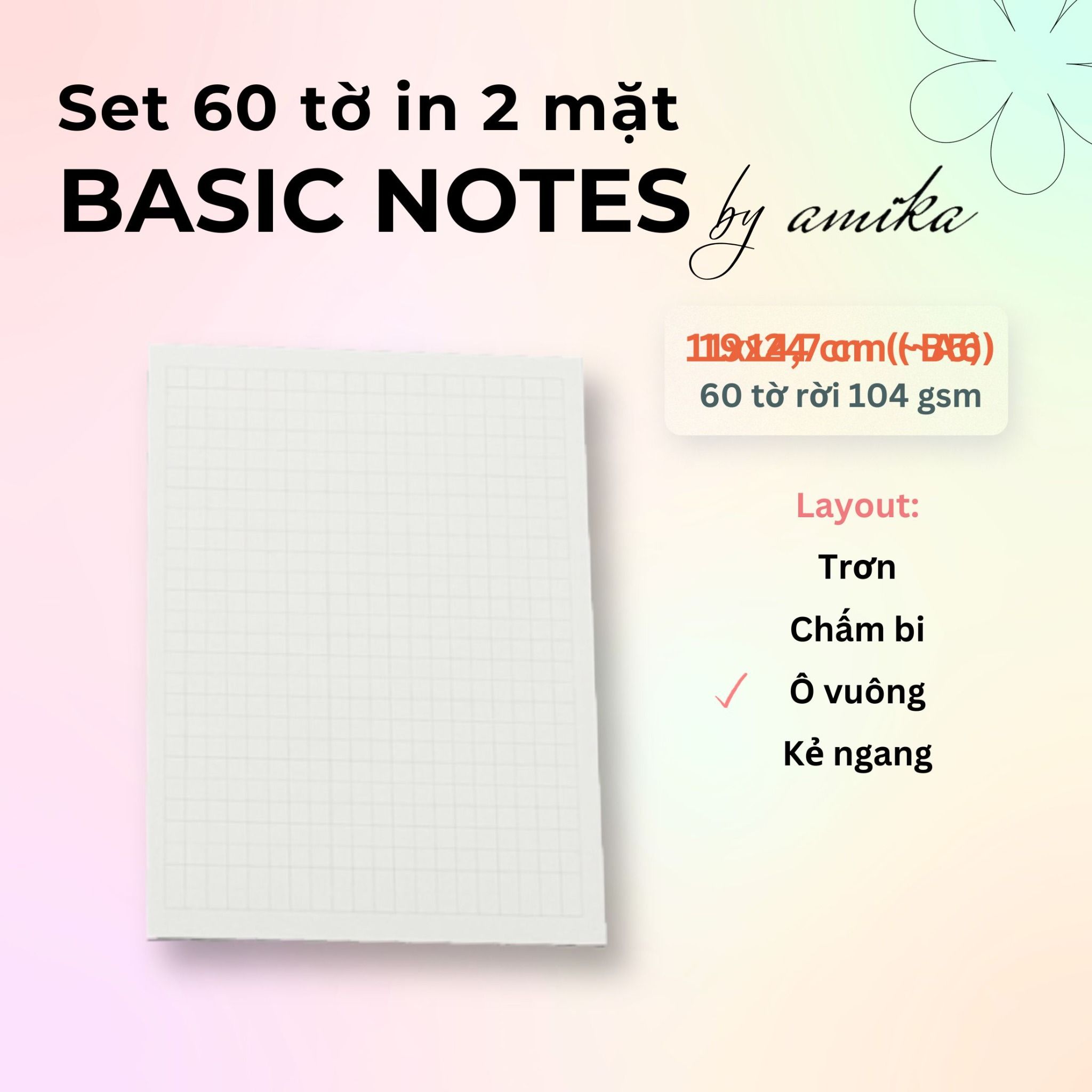  60 tờ giấy note 104 gsm (có thể refill Sổ Còng) 11x14,7 cm (xấp xỉ A6) 