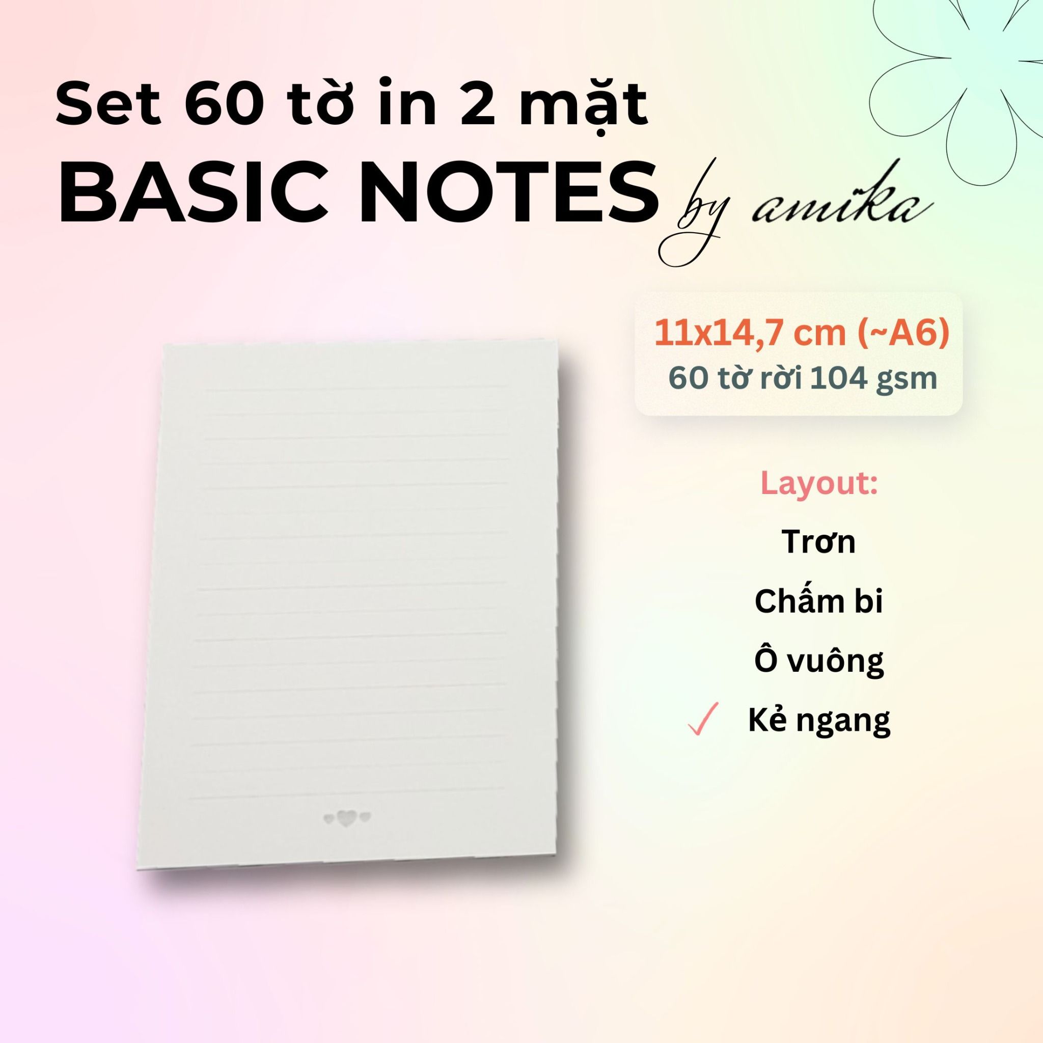  60 tờ giấy note 104 gsm (có thể refill Sổ Còng) 11x14,7 cm (xấp xỉ A6) 