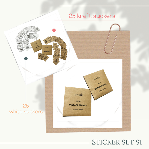  Vintage Stamp Stickers - Set S1: 25 sticker tem dán 