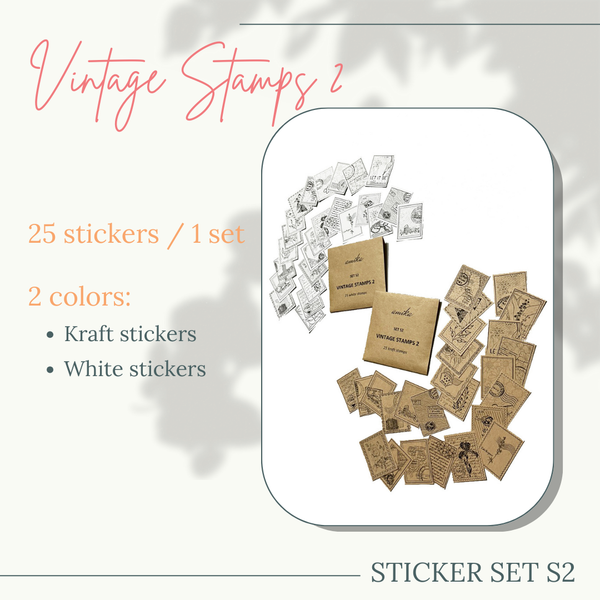  Vintage Stamp Stickers - Set S2: 25 sticker tem dán vintage trắng, kraft (trang trí sổ tay, planner, bullet journal) 