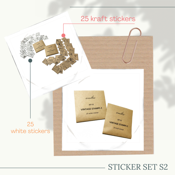  Vintage Stamp Stickers - Set S2: 25 sticker tem dán vintage trắng, kraft (trang trí sổ tay, planner, bullet journal) 