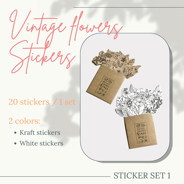 SET 1: VINTAGE FLOWERS - 20 stickers họa tiết hoa lá 