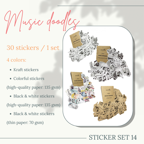  SET 14: MUSIC DOODLES - 30 stickers họa tiết nốt nhạc màu nước / kraft (trang trí sổ tay, planner, bullet journal,...) 