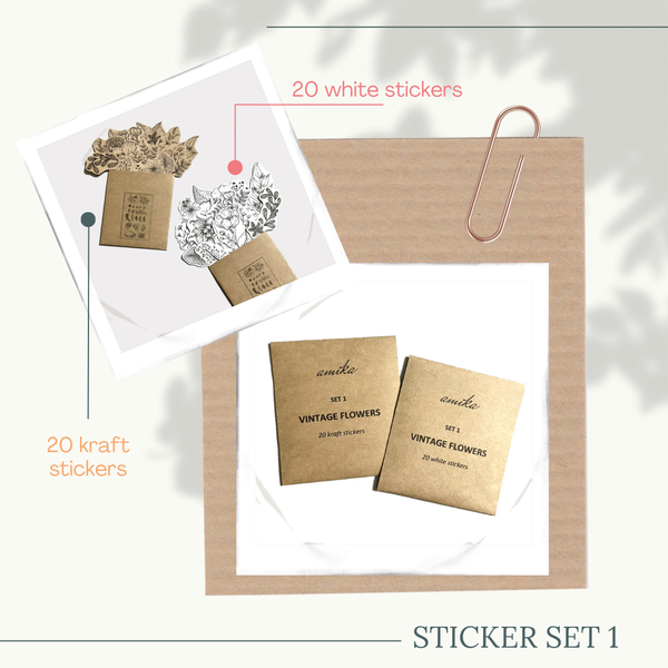  SET 1: VINTAGE FLOWERS - 20 stickers họa tiết hoa lá 