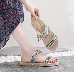 Dép Cói 2 Quai Ngang Họa Tiết Boho