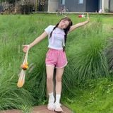  Quần Short Lưng Chun Outerity Kẻ Sọc Caro Phối Nút Nữ 
