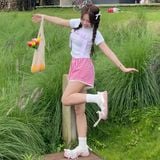  Quần Short Lưng Chun Outerity Kẻ Sọc Caro Phối Nút Nữ 