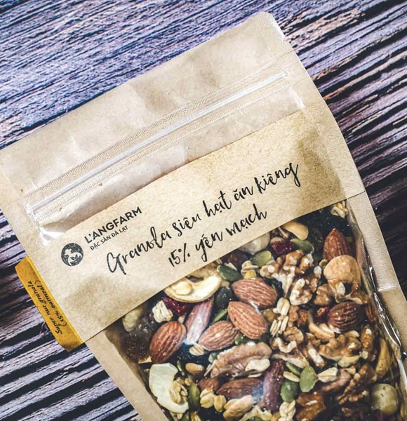 Granola siêu hạt ăn kiêng 15% yến mạch, 300g, bịch, mẫu kraft 1 mặt trong, L’angfarm
