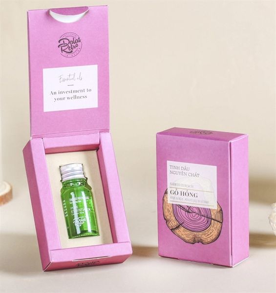 Tinh dầu nguyên chất, mẫu minimal, 10ml, gỗ hồng rose wood, hộp, Dalat Retro