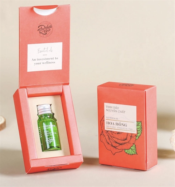 Tinh dầu nguyên chất, mẫu minimal, 10ml, hoa hồng rose, hộp, Dalat Retro