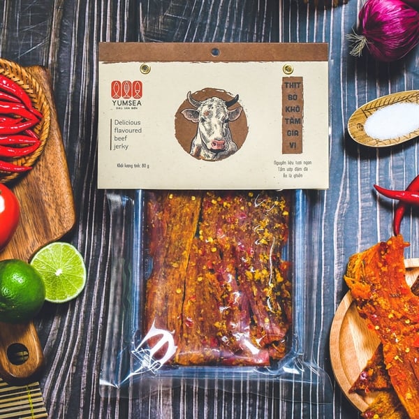 Bò khô miếng ăn liền, 80g, bịch, mẫu hút chân không, Yumsea