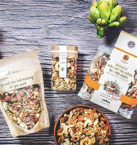 Granola siêu hạt ăn kiêng 15% yến mạch, 300g, bịch, mẫu kraft 1 mặt trong, L’angfarm