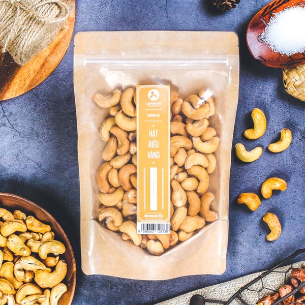 Hạt điều vàng, 225g, bịch, mẫu kraft 1 mặt trong, L