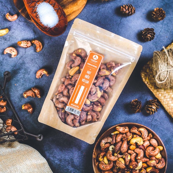 Hạt điều vỏ lụa, 225g, bịch, mẫu kraft 1 mặt trong, L