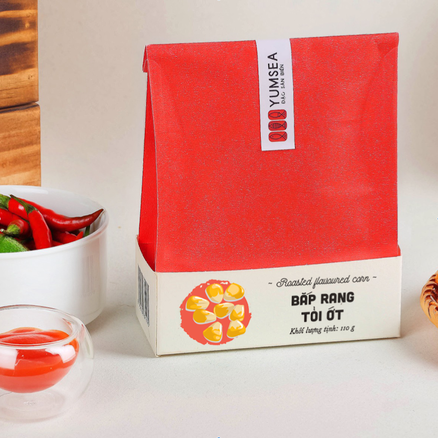 Bắp rang tỏi ớt, 110g, bịch, mẫu tatami, Yumsea