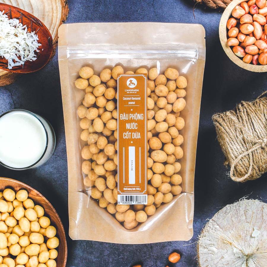 Đậu phộng nước cốt dừa, 250g, bịch, mẫu kraft 1 mặt trong, L'angfarm