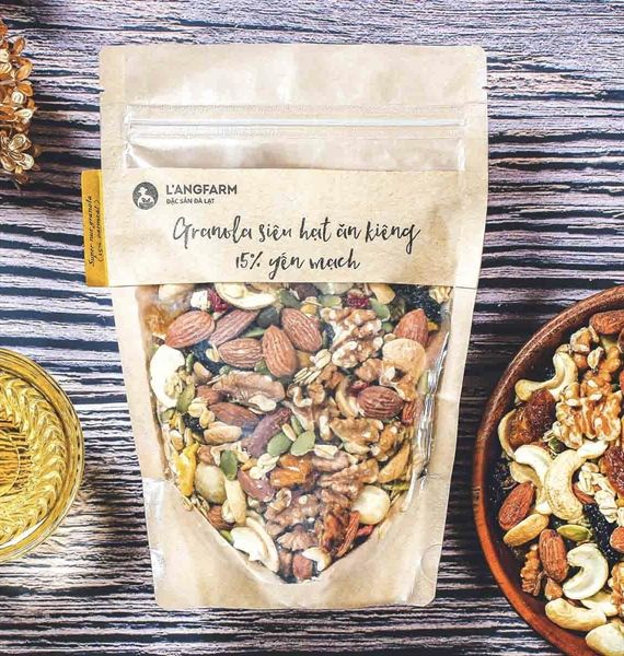 Granola siêu hạt ăn kiêng 15% yến mạch, 300g, bịch, mẫu kraft 1 mặt trong, L’angfarm