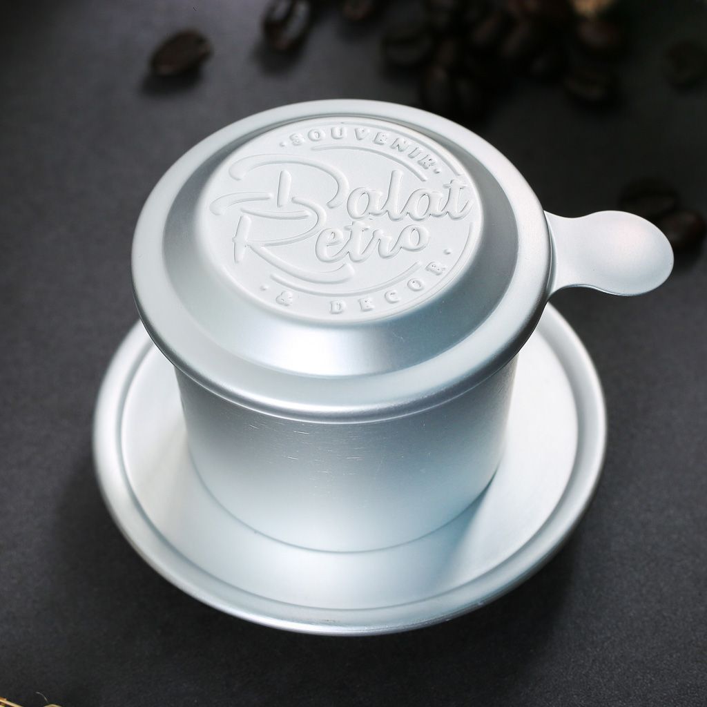 Phin cà phê nhôm anode, mẫu cào xước màu metallic silver, hộp, Dalat Retro