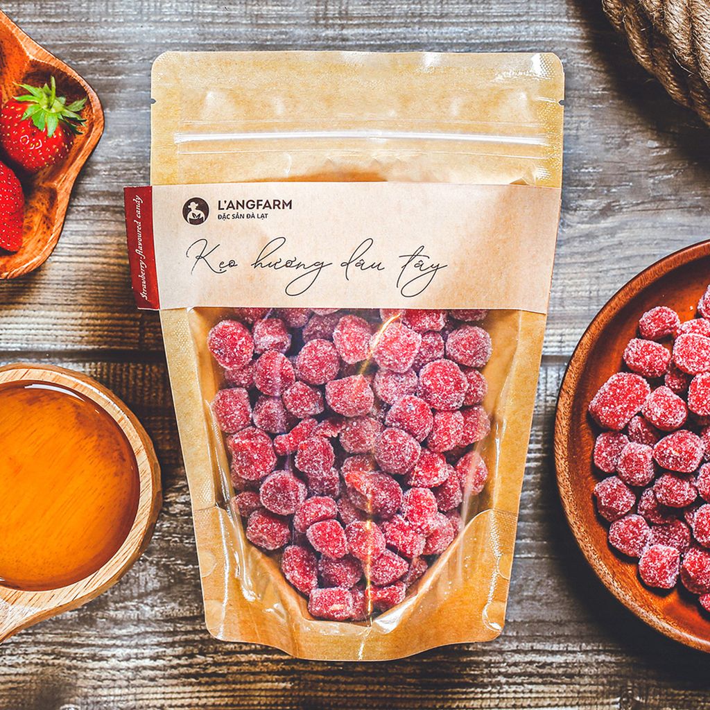 Kẹo hương dâu tây, 350g, bịch, mẫu kraft 1 mặt trong, L'angfarm