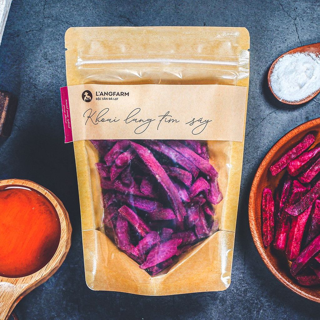 Khoai lang tím sấy giòn, 120g, bịch, mẫu kraft 1 mặt trong, L'angfarm