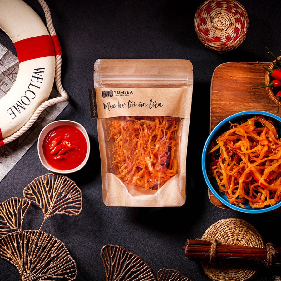 Mực bơ tỏi ăn liền, 90g, bịch, mẫu kraft 1 mặt trong, Yumsea