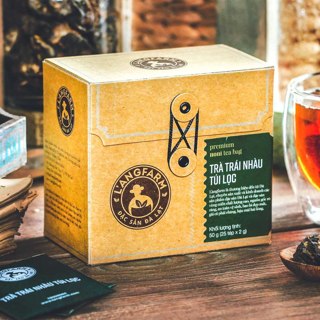 Trà trái nhàu túi lọc, 25 tép, hộp, mẫu quấn dây kraft, L'angfarm