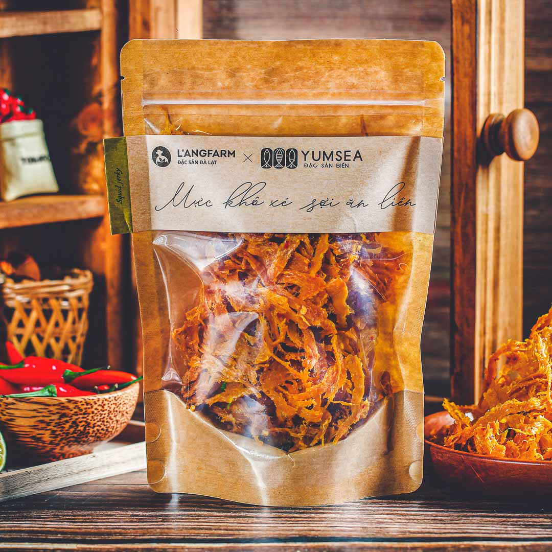 Mực khô xé sợi ăn liền, 70g, bịch, mẫu kraft 1 mặt trong, Yumsea