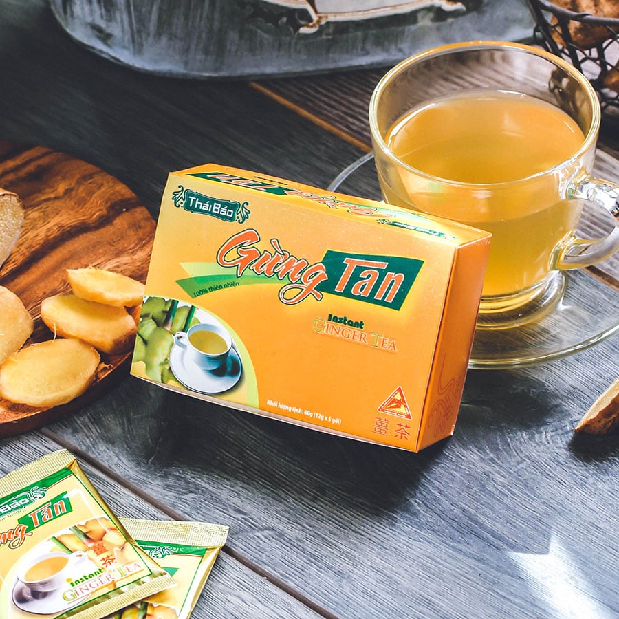 Trà gừng hoà tan, 5 túi, hộp, mẫu truyền thống, Thái Bảo