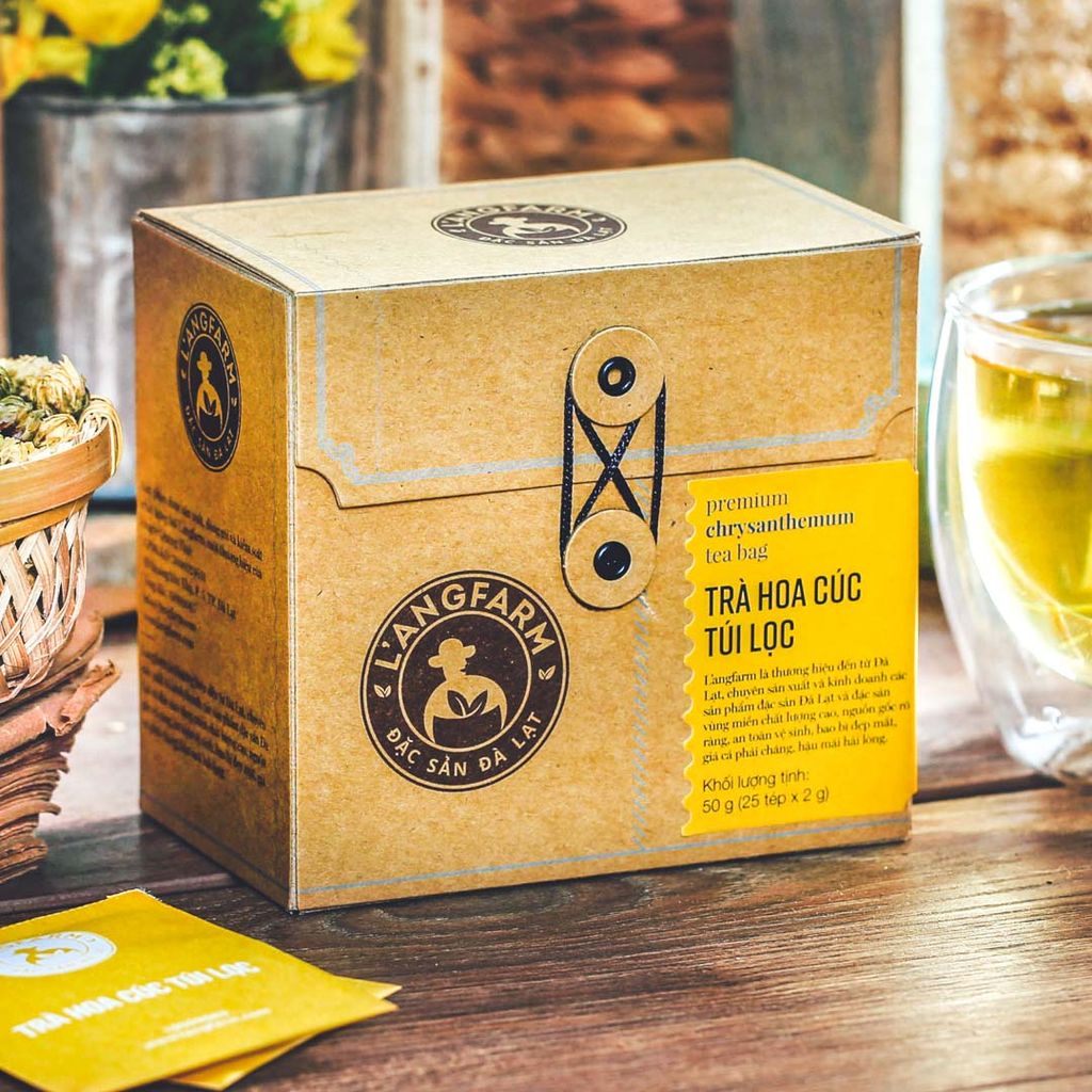 Trà hoa cúc túi lọc, 25 tép, hộp, mẫu quấn dây kraft, L'angfarm