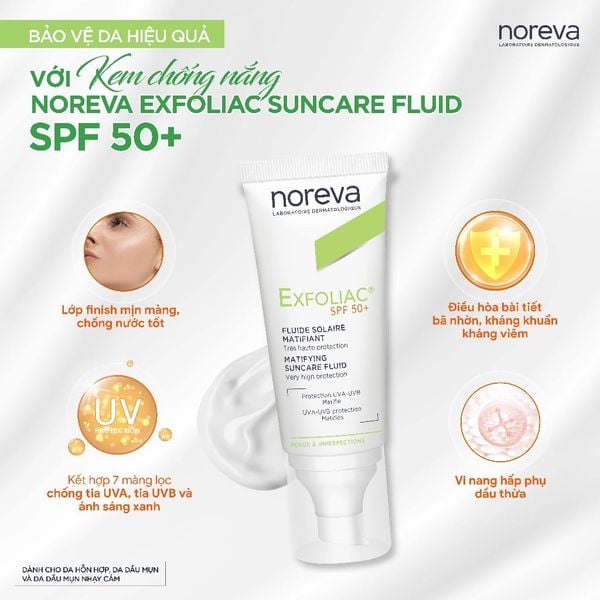 Kem Chống Nắng Dành Cho Da Nhờn Mụn Noreva Exfoliac Matifying Suncare Fluid Spf50+ 40ml