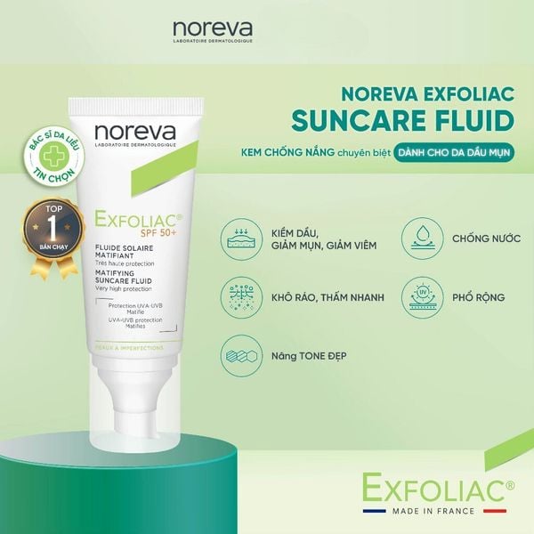 Kem Chống Nắng Dành Cho Da Nhờn Mụn Noreva Exfoliac Matifying Suncare Fluid Spf50+ 40ml