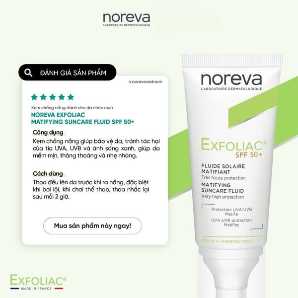 Kem Chống Nắng Dành Cho Da Nhờn Mụn Noreva Exfoliac Matifying Suncare Fluid Spf50+ 40ml