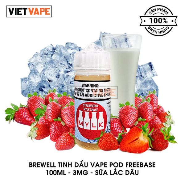 Brewell Mylk Sữa Lắc Dâu Freebase 100ml Tinh Dầu Vape Mỹ Chính Hãng