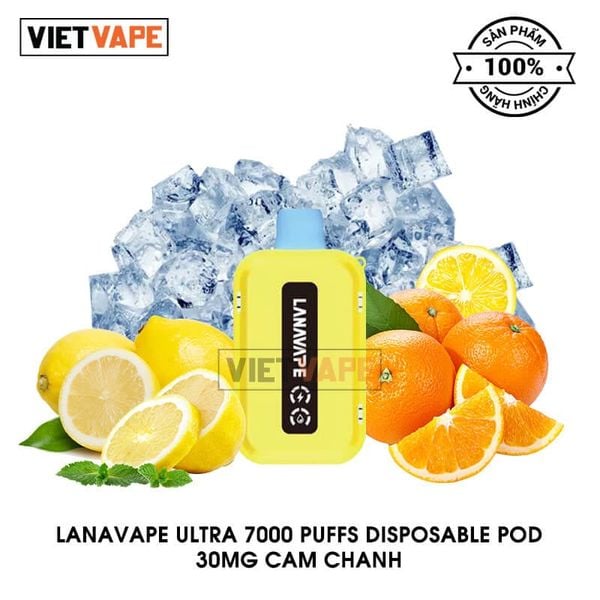 LANAVAPE Ultra Chanh Cam 7000 Hơi Sạc Lại Pod Dùng 1 Lần Chính Hãng