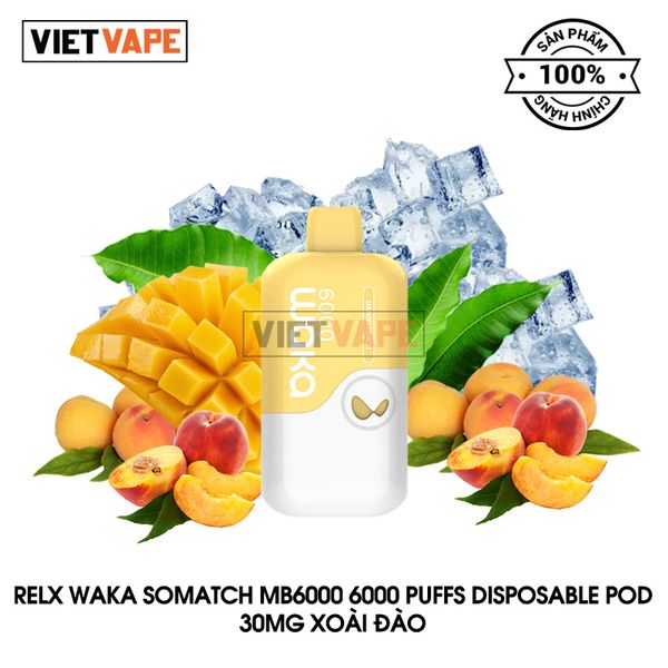 Relx Waka Somatch MB6000 Xoài Đào 6000 Hơi Sạc Lại Pod Dùng 1 Lần Chính Hãng