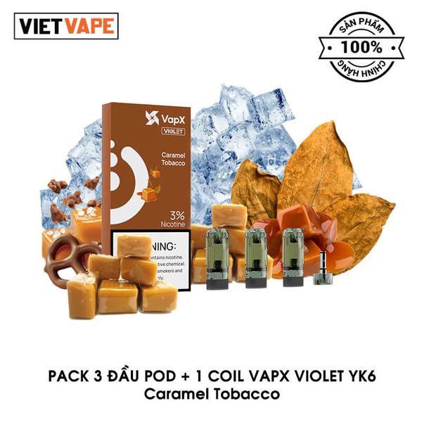 Đầu Pod VapX Violet YK6 Caramel Tobacco 30mg Pack 3 Đầu Kèm 1 Coil Chính Hãng