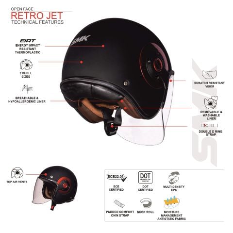 MŨ BẢO HIỂM SMK RETRO JET MATT BLACK - MA230 (ECE 22.05 & 06 | DOT)