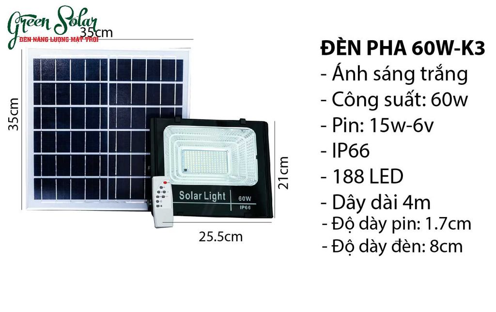 Đèn Pha 60W Ánh Sáng Mạnh – Đèn Năng Lượng Mặt Trời Cao Cấp – Ánh Sáng Trắng