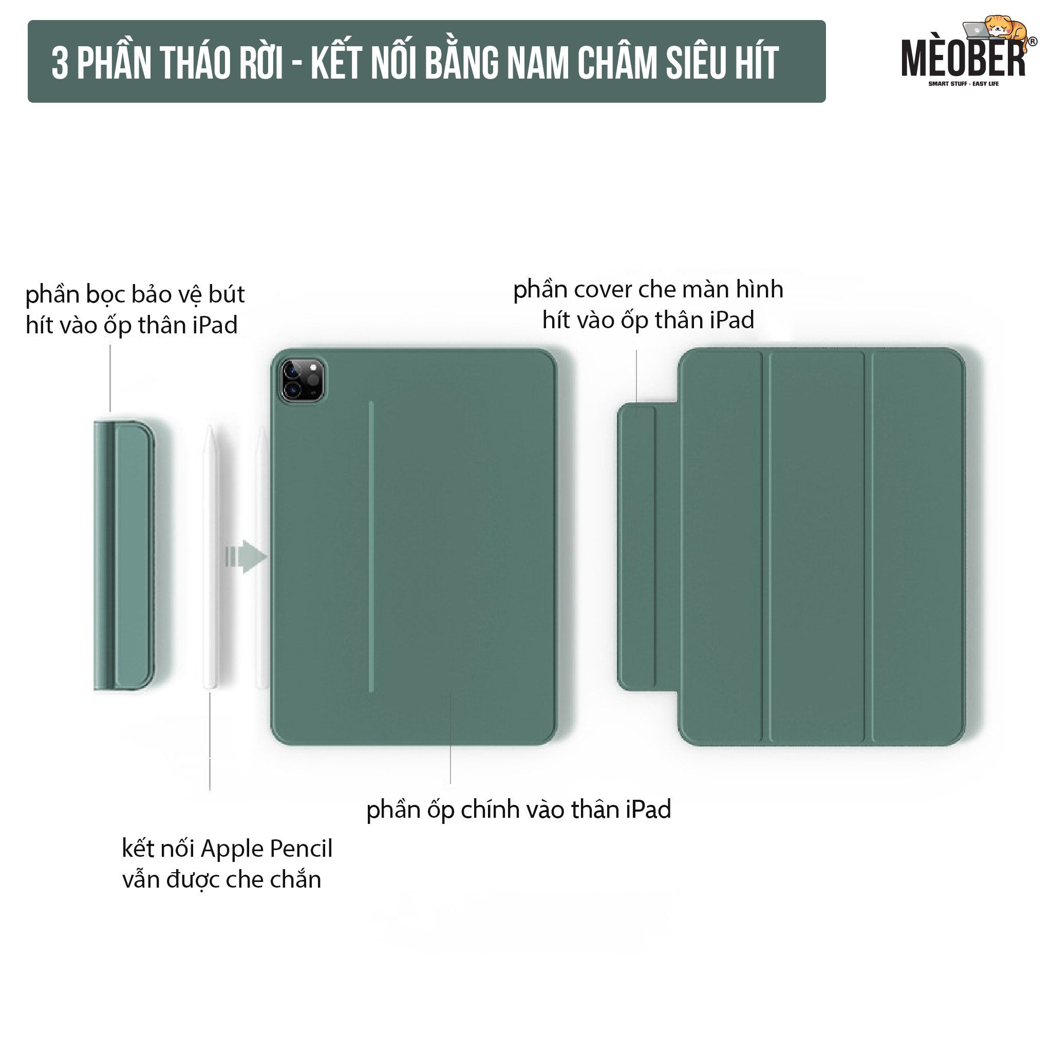  Bao da iPad nam châm tháo rời cho Pro 11, Air 4, 12.9 inch, mini 6 - Case iPad 3 mảnh hít nam châm 