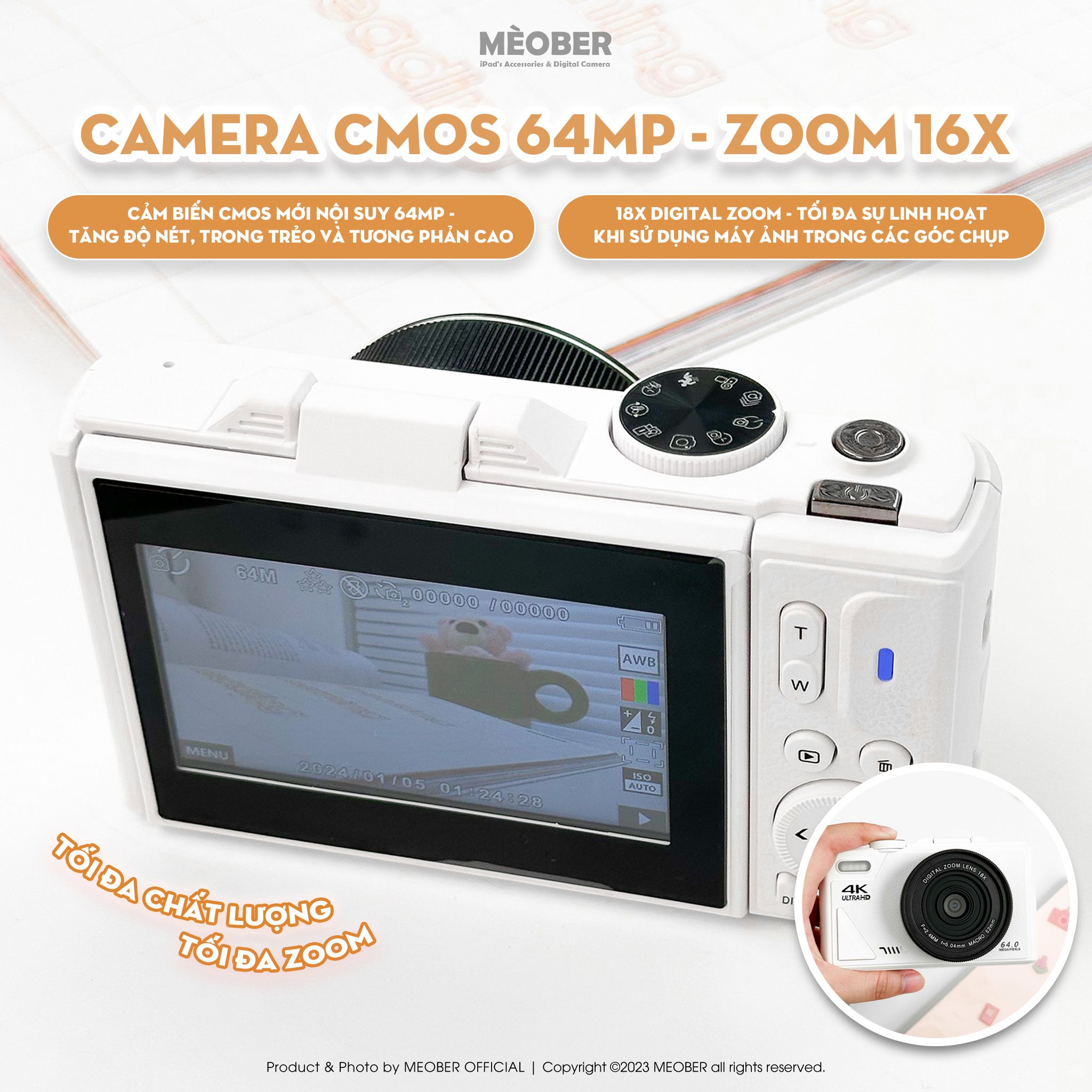 [Tặng thẻ nhớ] Máy Chụp Hình Digital MX10 UltraHD - Chụp giả lập màu phim 64MP, quay video 4K, màn hình lật, tích hợp Wi-Fi by MèoBer 