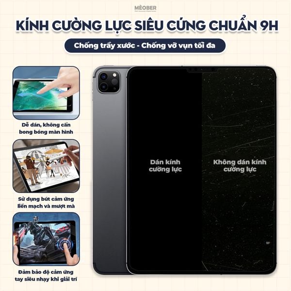  Kính cường lực iPad Protector Glass - siêu cứng 9H, phủ oleophobic chống bám vân tay siêu mượt, chống chói & méo hình cho iPad đủ loại (Air 4; 3, Pro 11; 10.5; 12.9, Gen 7 8) 