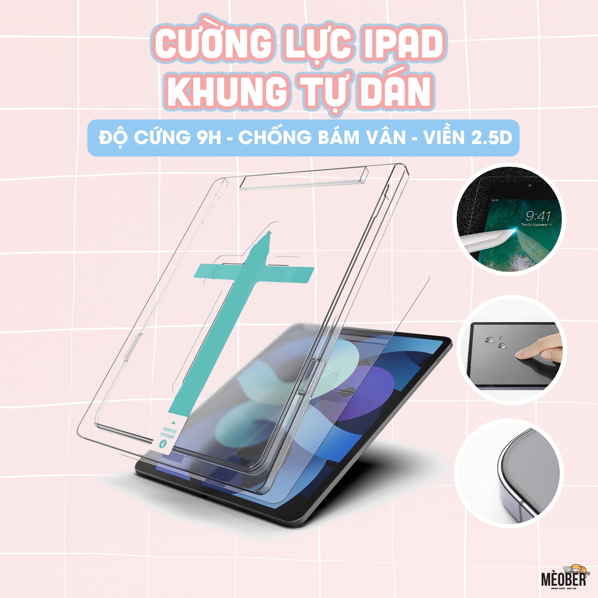  Kính cường lực có khung Tự Dán Premium Glass - Siêu cứng 9H, phủ sapphire chống bám vân tay siêu mượt dành cho iPad 