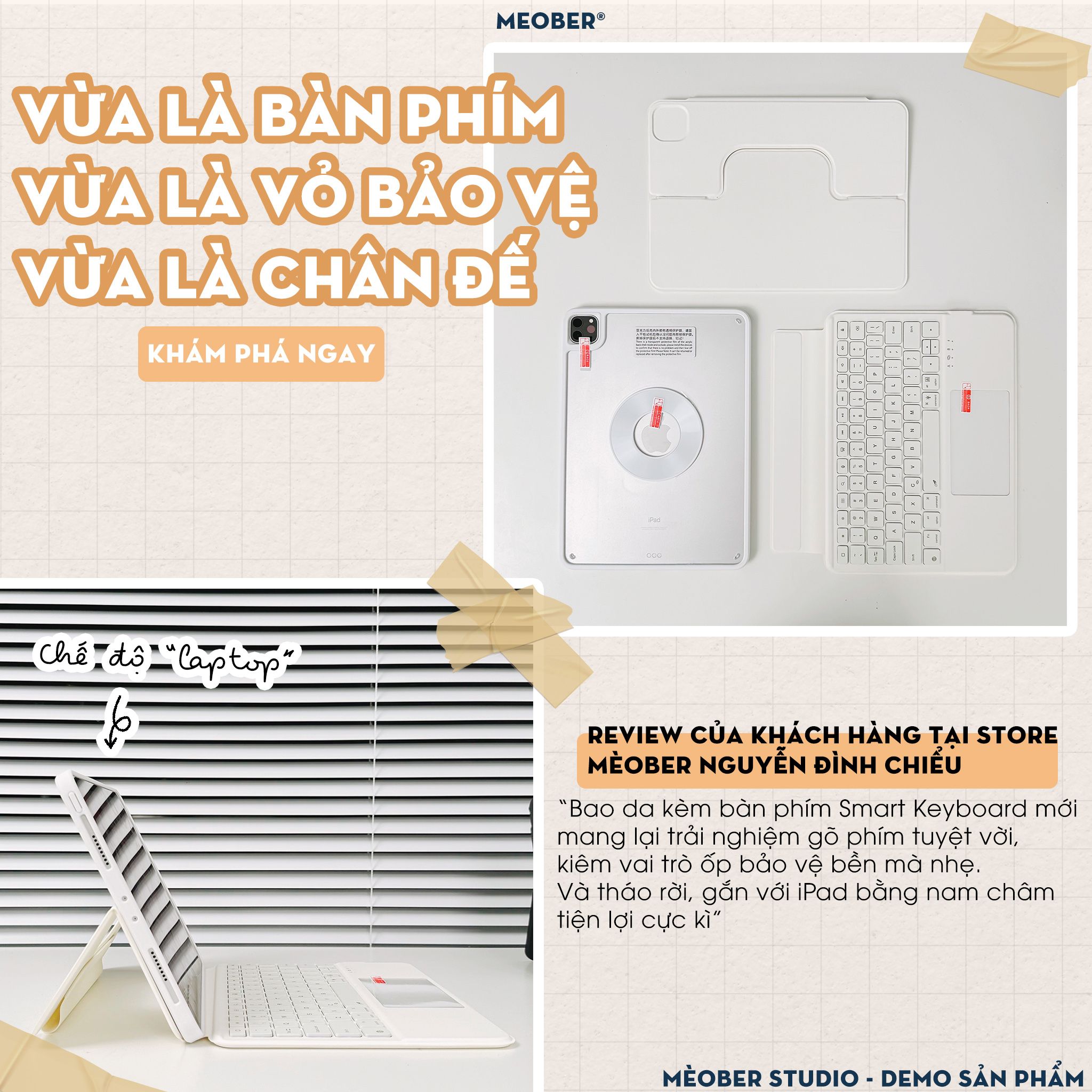  [Premium] Bao da iPad Kèm Bàn Phím Smart Keyboard tháo rời, xoay dọc dành cho Gen 7/8/9/10/11, Air 4/5/6/7, Pro11M1 M2 by Meober 