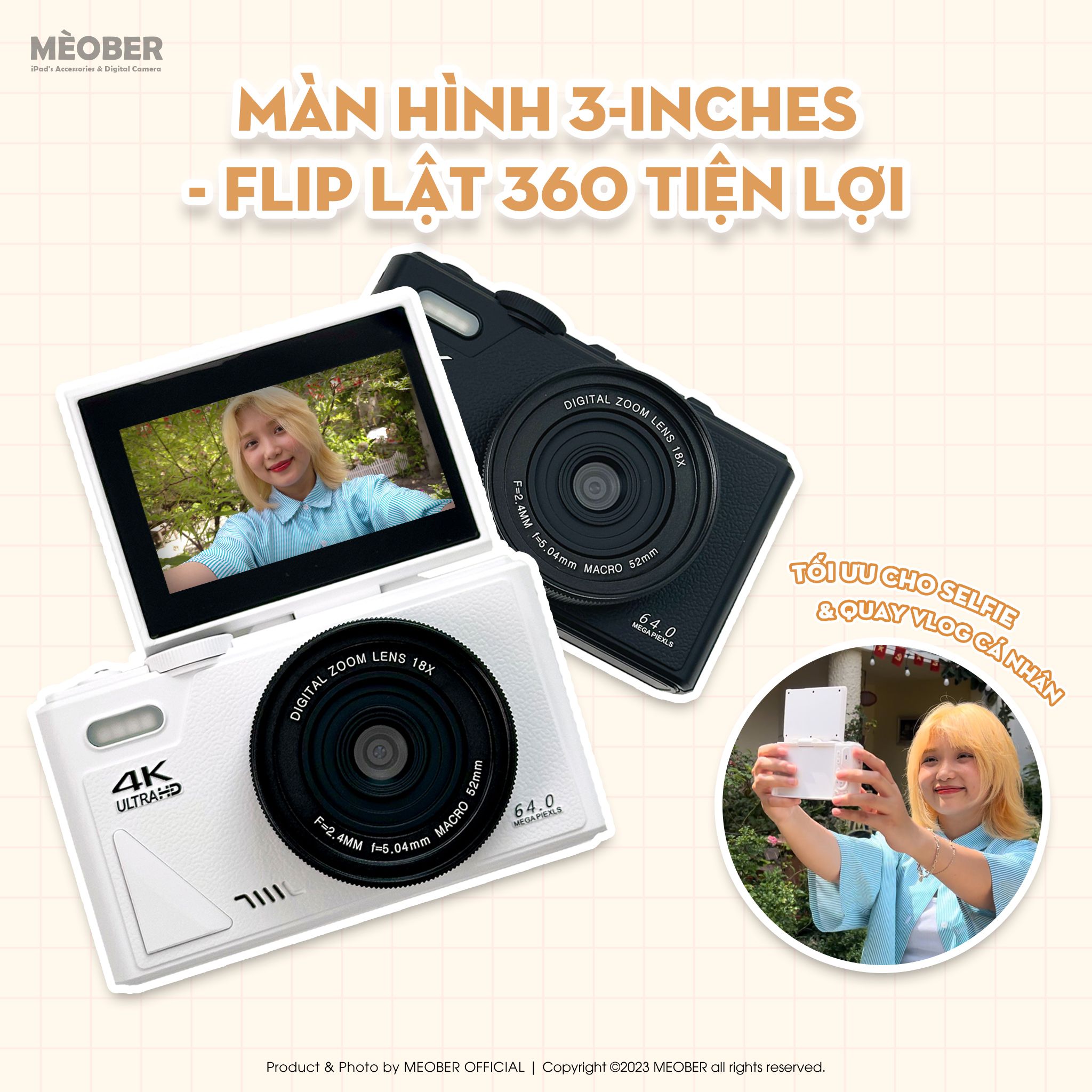  [Tặng thẻ nhớ] Máy Chụp Hình Digital MX10 UltraHD - Chụp giả lập màu phim 64MP, quay video 4K, màn hình lật, tích hợp Wi-Fi by MèoBer 