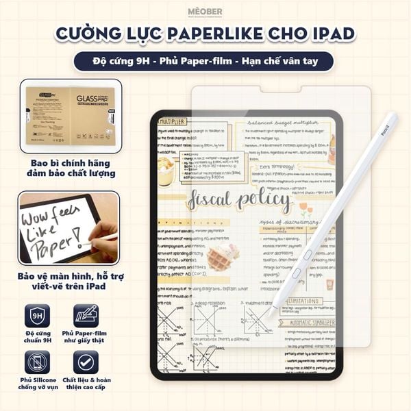  Kính cường lực Paperlike cho iPad - bảo vệ màn hình siêu cứng 9H, phủ paper-film nhám viết vẽ như trên giấy, hạn chế vân, ánh sáng xanh by MèoBer 